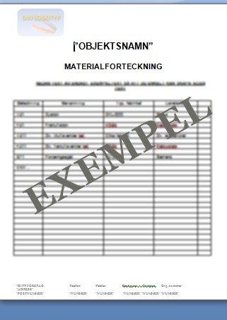 Materialförteckning ventilation